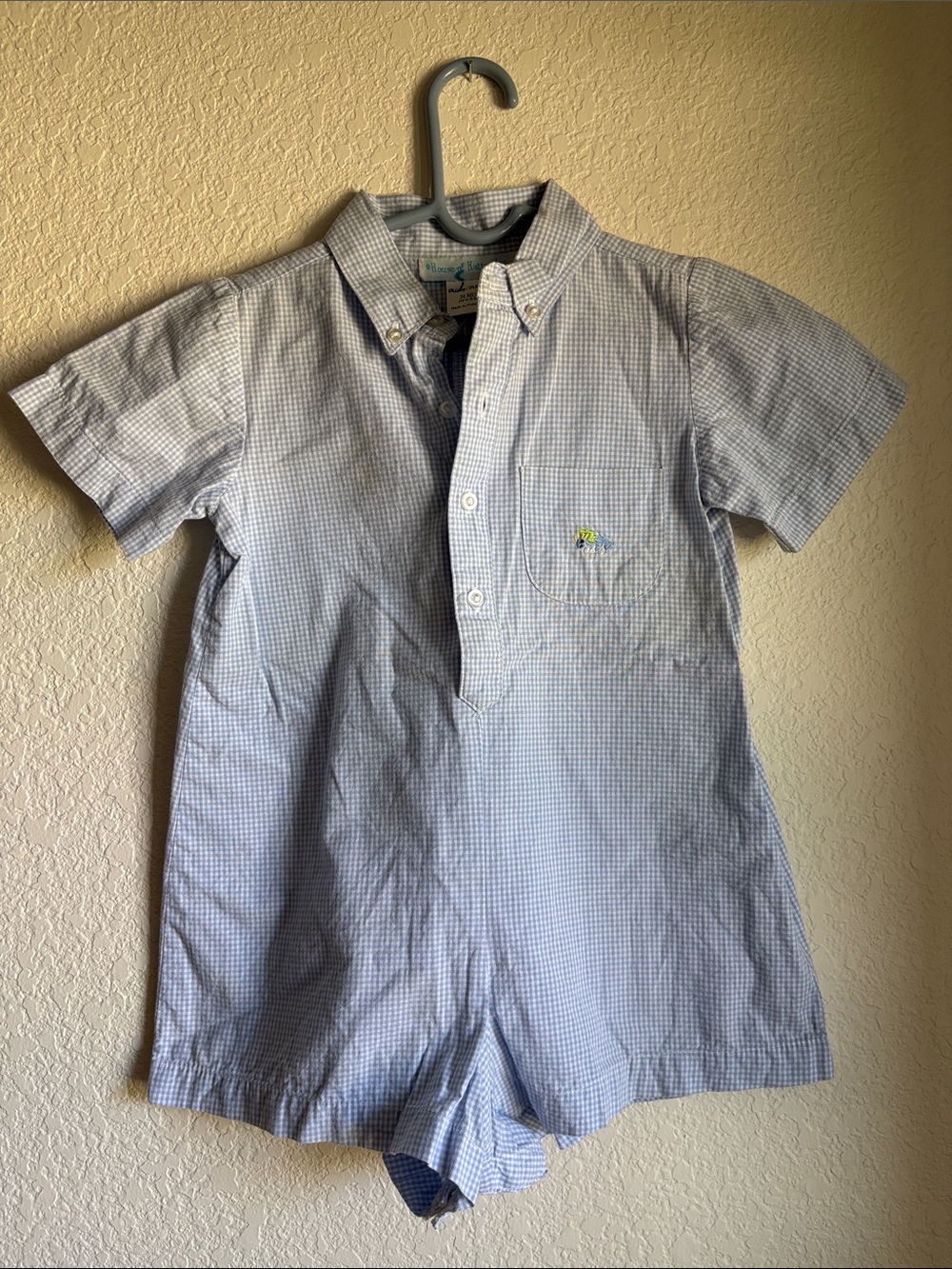 House of Hatten Blue Gingham Outift w Embroidered Dinosaur (24M)